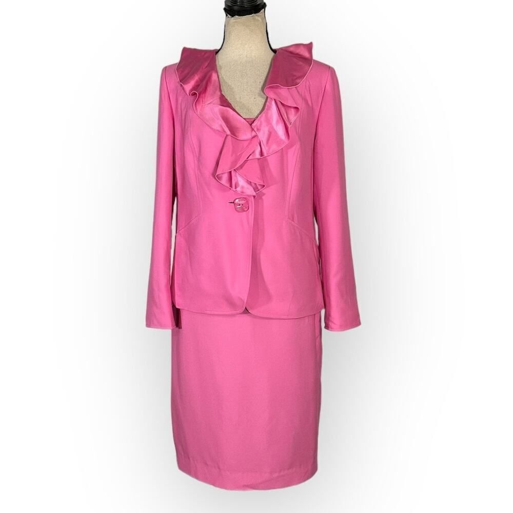 Ellen Tracy 4 Piece Set Women's 8/10 Pink Silk Blazer Tank Skirt Pants Ruffled